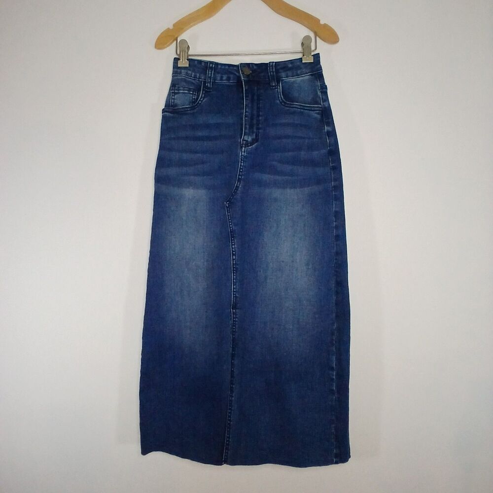 Coco + Carmen Long Denim Midi Skirt Small Y2K Blue Jean Skirt Stretch
